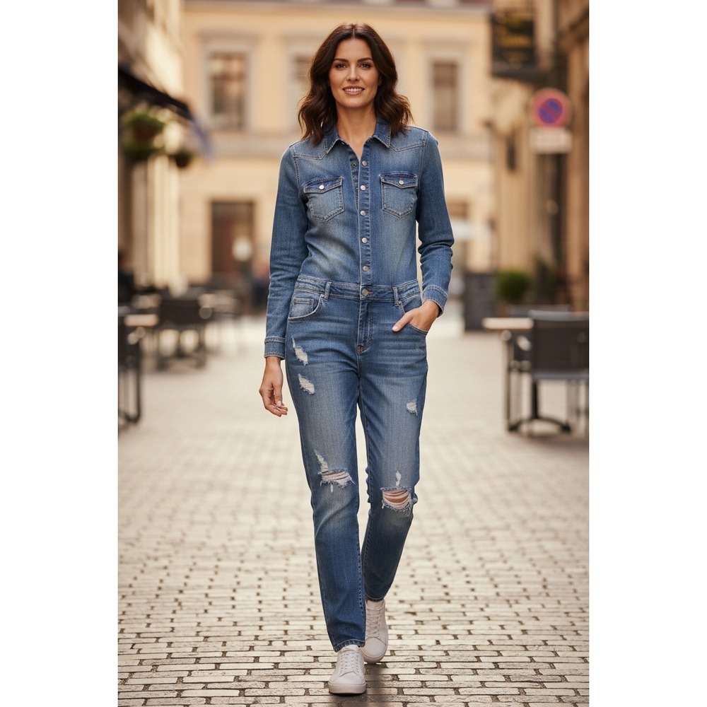 Signature8 Womens Distressed 100% Cotton Denim Jumpsuit Long Sleeve M/L
